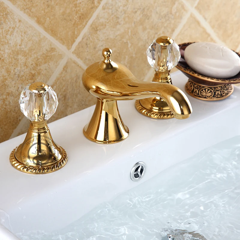 FREE SHIPPING gold colour 3 Pieces widespread lavatory sink waterfall  Roman faucet mixer tap