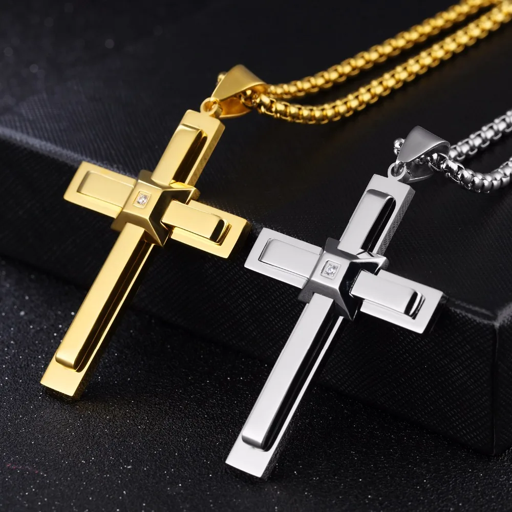 stainless steel AAA Crystals Large Huge Cross Pendant Men's Necklace Chain 3mm 24 inch