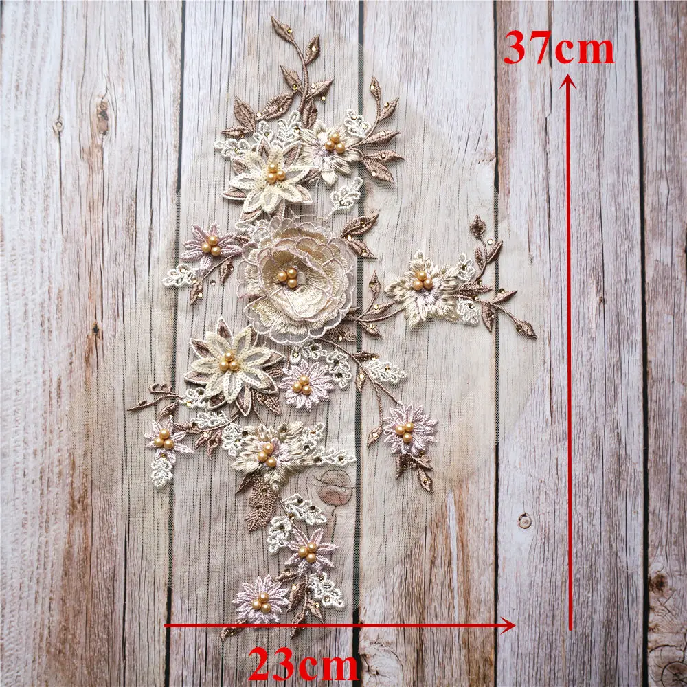 Brown Lace Fabric 3D Flowers Appliques Beads Rhinestones Leaves Embroidery Mesh Sew On Patch For Wedding Decoration Dress DIY