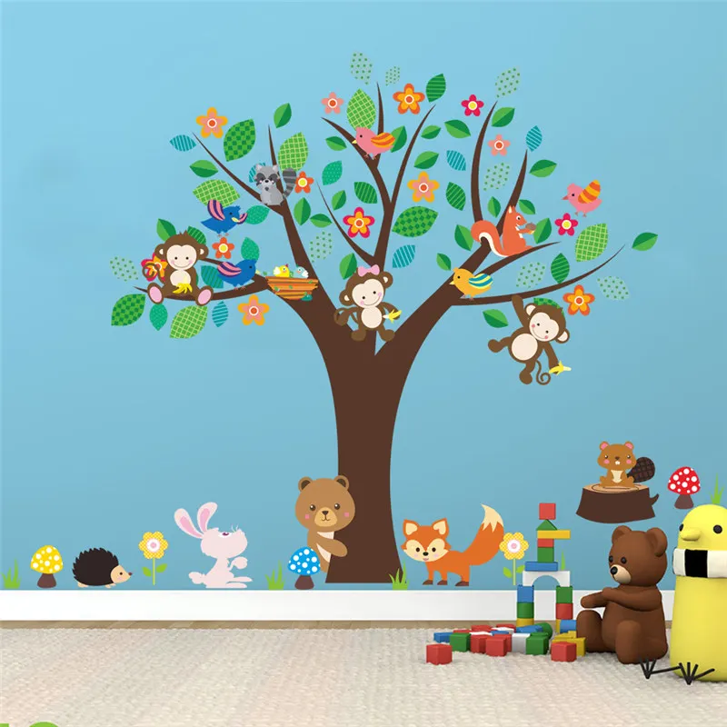 Cartoon Animals Floral Tree Wall Sticker For Kindergarten Kids Room Home Decoration Rabbit Fox Monkey Safari Mural Art Decals