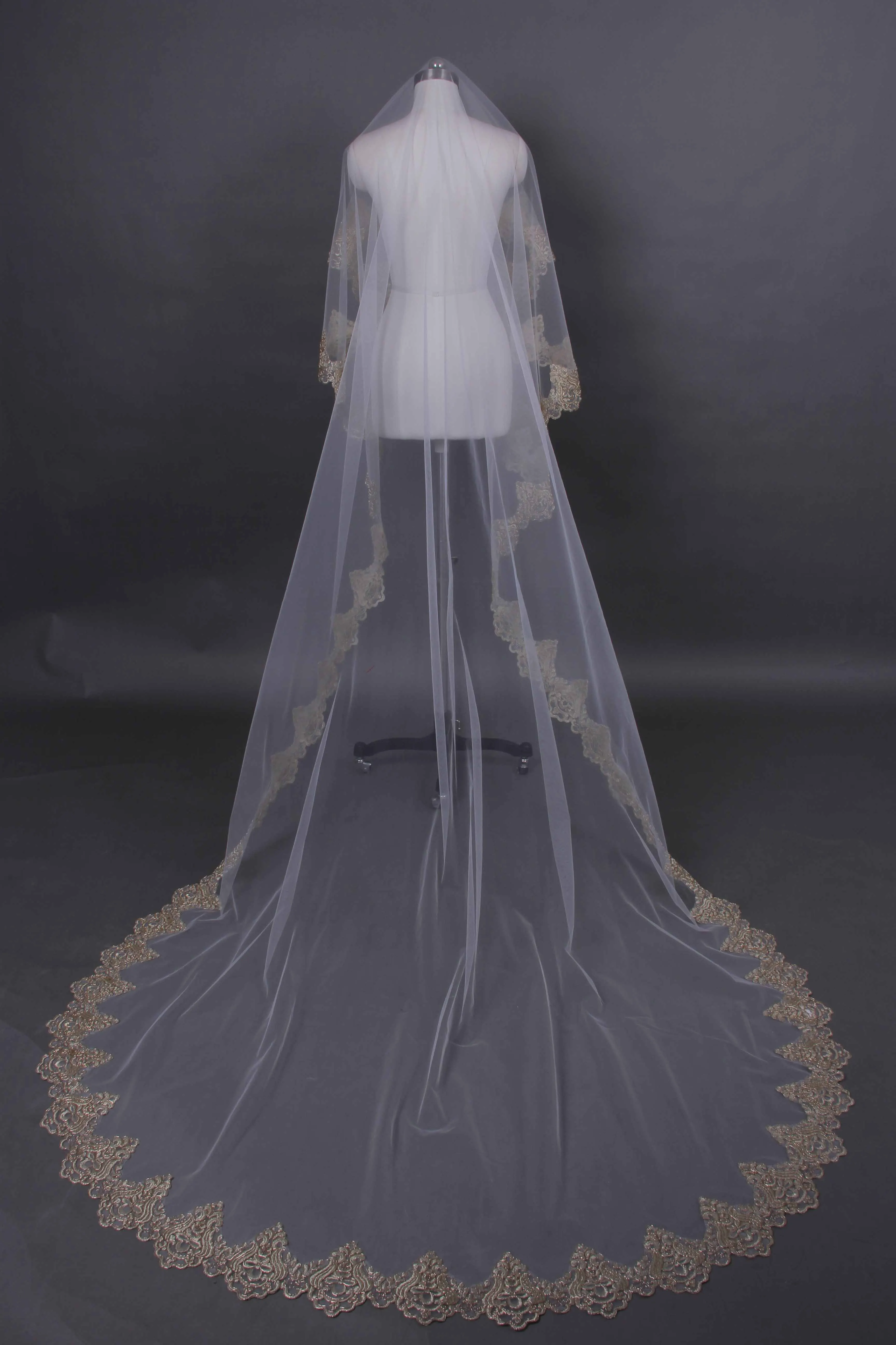 1 tier Cathedral lace veil ,golden bridal vail ,Cathedral veil, wedding veils ,long  bridal veil