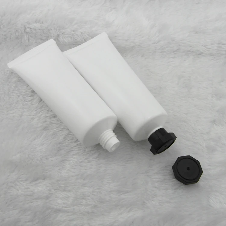 80 ml 50pcs glossy white plastic tube , emulsion cream tube ,PE cosmetic packaging empty bottle with black spiral octagonal cap