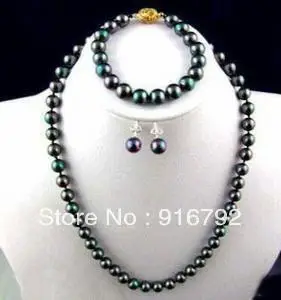 

free shipping *******7-8mm Black Akoya Pearl Necklace Bracelet Earring Set