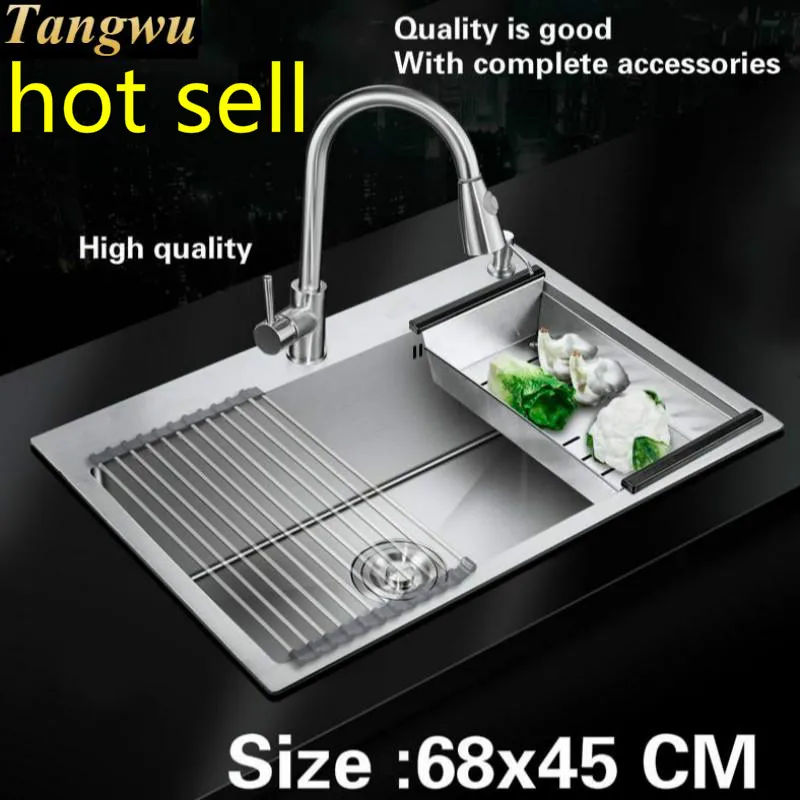 

Free shipping Apartment hot sell standard big kitchen manual sink single trough high quality 304 stainless steel 680x450 cm