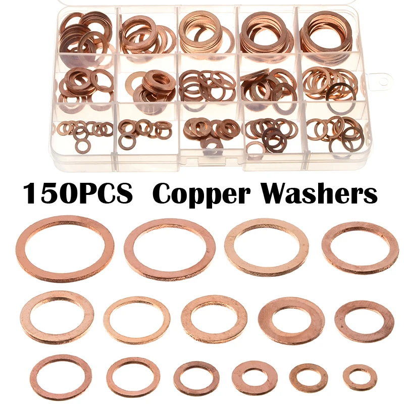 150pcs/Set 15Sizes Assorted Solid Copper Crush Washers Seal Flat Ring Gasket Kit Plug Washer M6/M8/M10/M12/M14/M16/M18/M20/M22