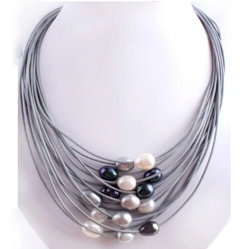 17-24 inches 15 Rows Natural Multicolor Oval Pearl Customized Silver Gray Leather Necklace