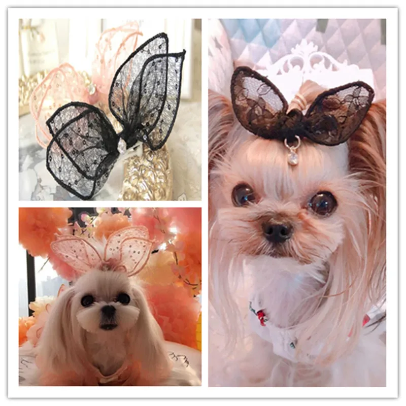 Pet Accessoires  Dog Hair Clip Dog Grooming  Clip Pet Dog HairLace Pendant Rabbit Ear Bow  Hairpin 6Color