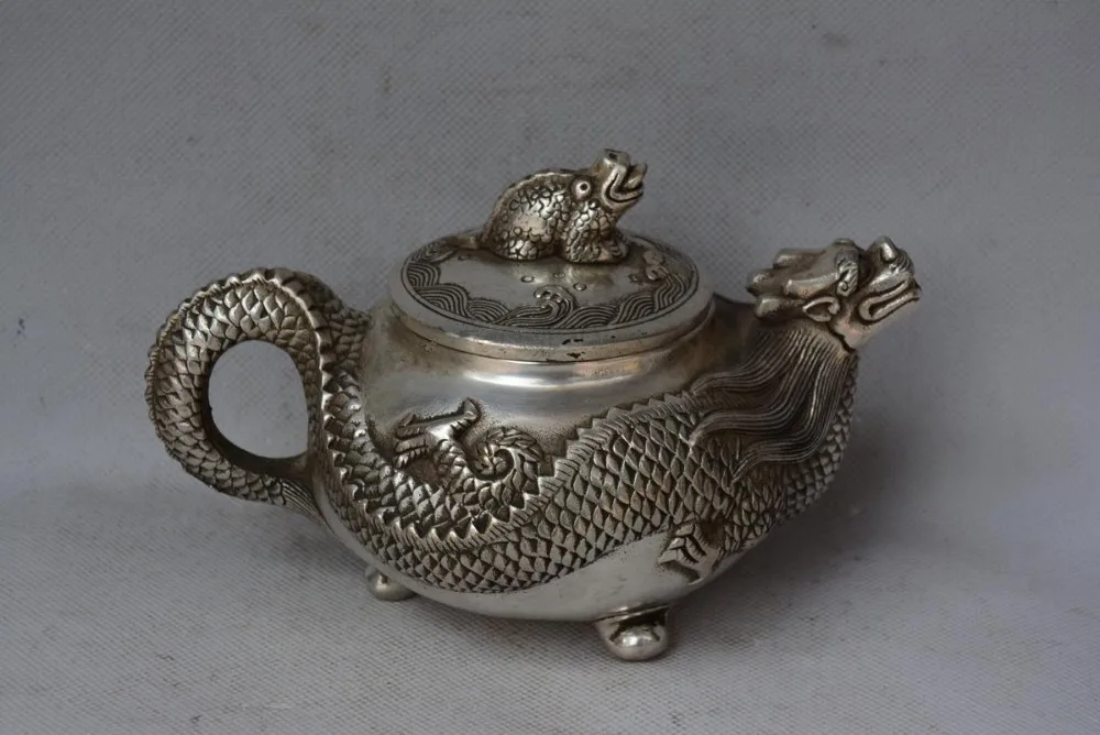 Rare Old Qing Dynasty silver teapot,Dragon& toad,Old China, #03,free shipping