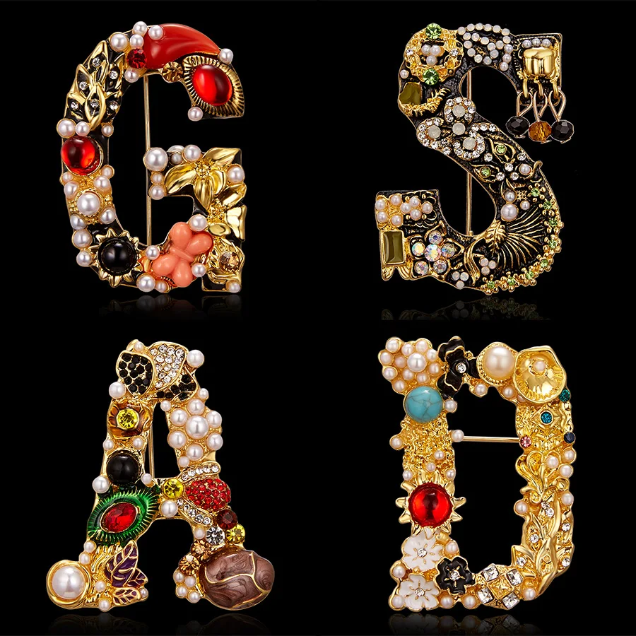 Fashion Enamel Pearl Rhinestone Letter Initials Brooches For Women Pins Metal Wedding Party Lady Jewelry Dress Suit Coat Gifts