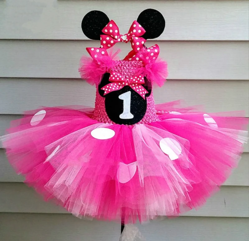 Vestido de tutu bonito de mickey e rosa para meninas, vestido de tule de crochê com pontos brancos e laço de cabelo, para crianças, festa de aniversário, desenho animado, cosplay