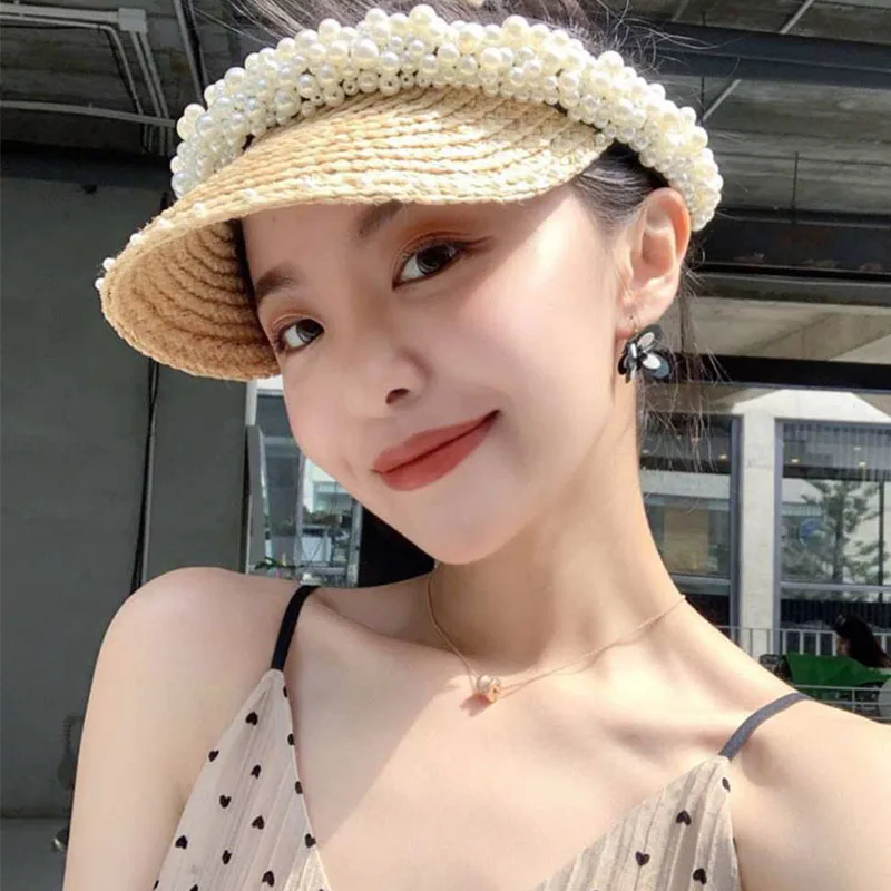 

2019 New Pearls Women Summer Hat Female Weaving Raffia Hat wide brim sun Visor hat without top Straw Hats Derby beach visor cap