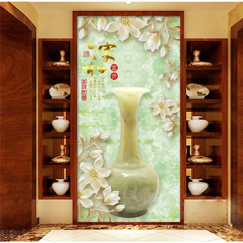 wellyu Custom wallpaper 3d jade carving vase stereo magnolia flower relief embossed TV background wall paper papel de pared обои