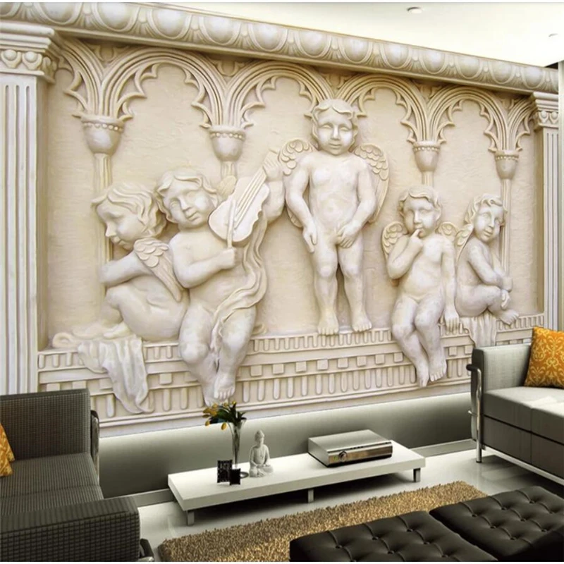 

wellyu European relief angel background wall painting custom large mural green silk cloth wallpaper papel de parede