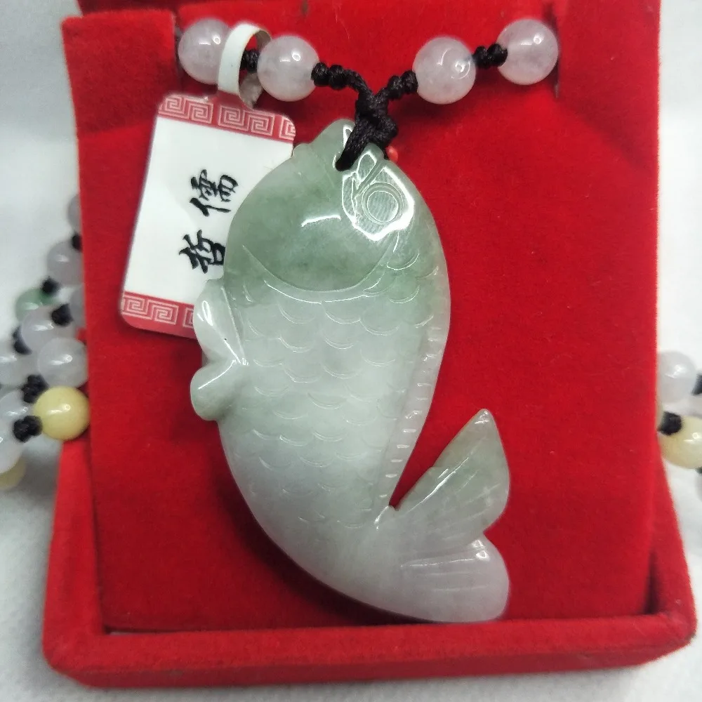 Zhe Ru Jewelry Pure Natural Jadeite Dark Green Two-Color Stereo Fish Pendant Tri-Color Jade Bead Necklace Send A-Class Certifica