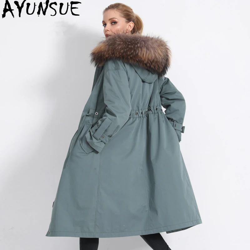 

AYUNSUE Parka Real Fur Coat Female Natural Rabbit Fur Liner Long Coats 2020 Winter Jacket Women Raccoon Fur Collar Overcoat MY