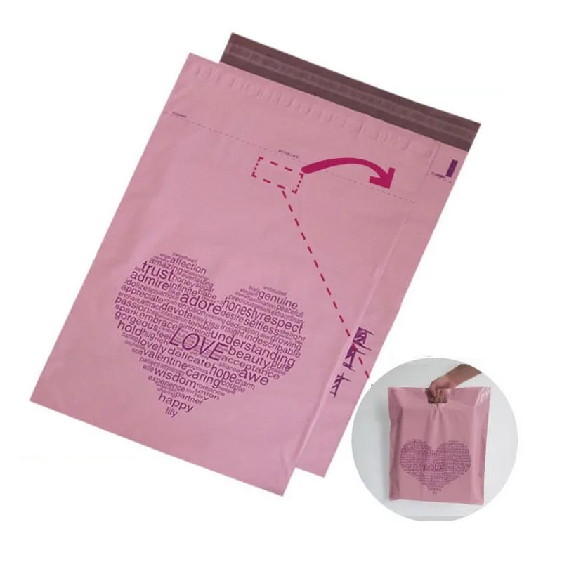 

38*52cm Poly Mailer Pink Heart-shaped Handle Mailing Envelope Post Bags Valentine's Day Wedding Gift Packaging 100pcs ZA5671