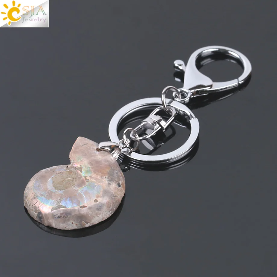 CSJA Motorcycle Car Door Keychains Key Rings Key Holder Lobster for Mens Women Natural Stone Ammonite Animal Shell Pendants F024