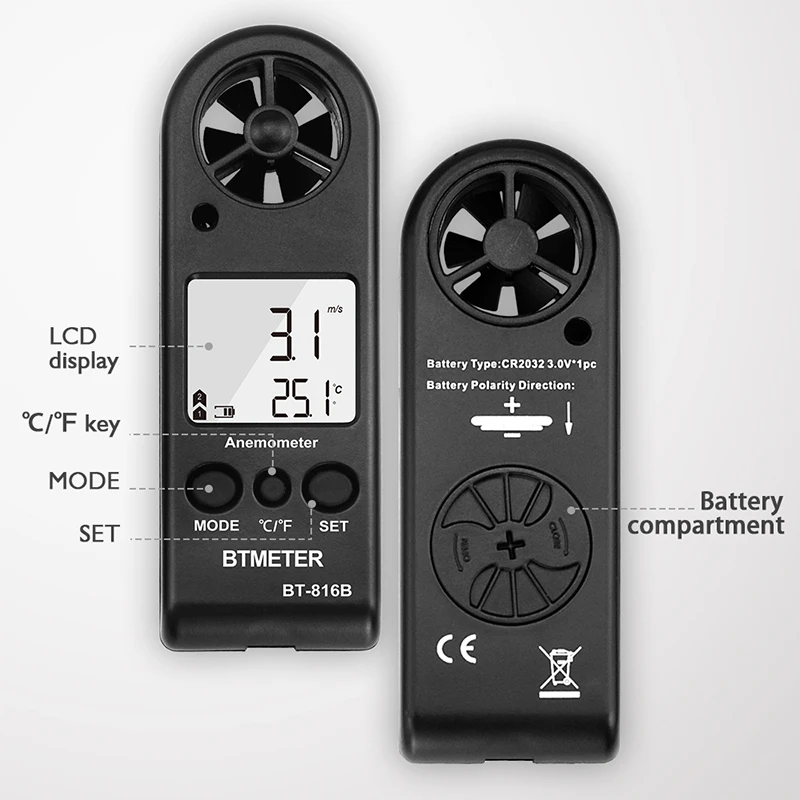 BEMETER Handheld LCD Digital Mini Anemometer BT-816B Wind Speed Meter Air Flow Tester Air Anemometer or HVAC CFM Shooting Boat