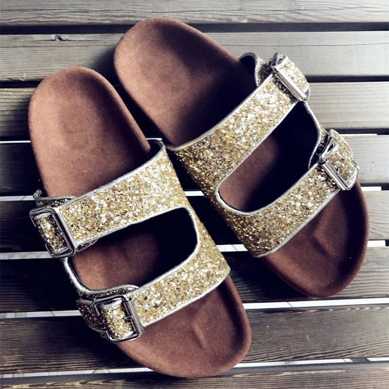 Glitter Sequins Slipper Sandals Women Gold/silver Paillette Metal Buckle Thick sole Flats Summer Simple Outside BeachSlide Shoes