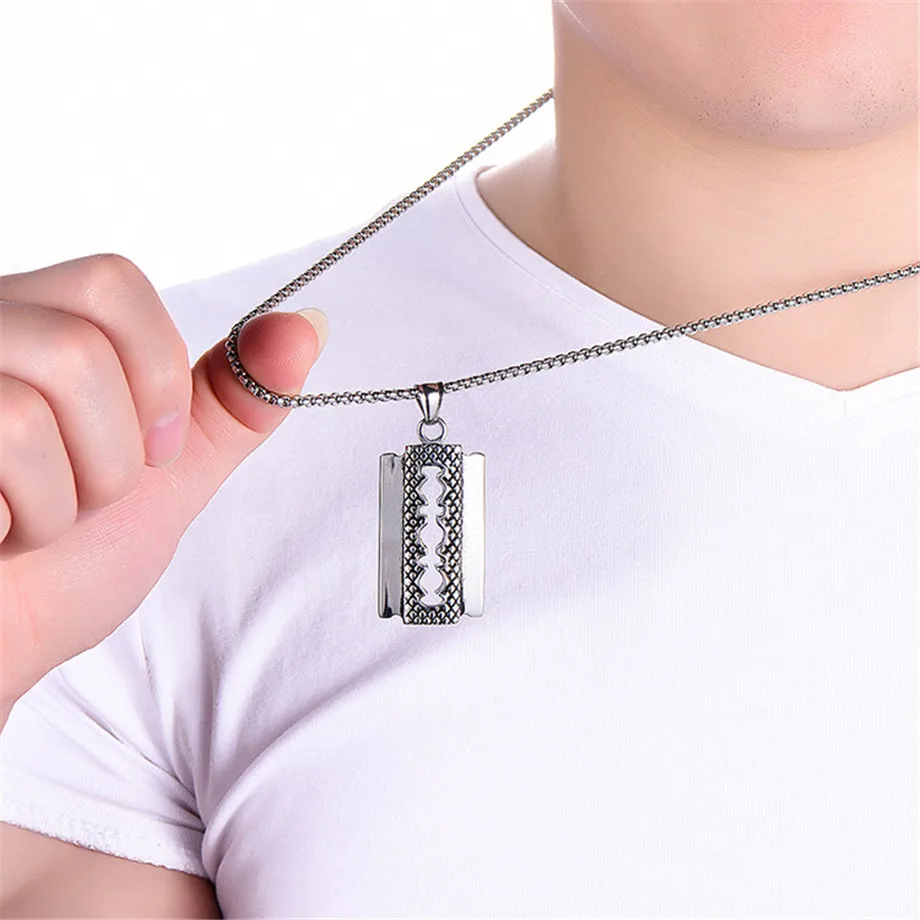 Punk Razor Blade Pendants Necklaces Gold Color Stainless Steel Chain Barber Shop Necklace for Men Jewelry