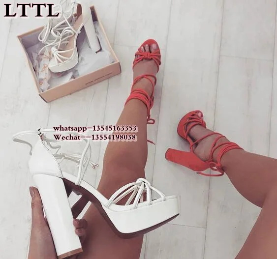 

New Suede Lether Women Sandals Fashion Gladiator Lace up Summer Shoes High Thick Heeled Sandals Open toe Shoes