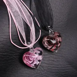 1PC Fashion Murano Glass Heart  Pendant Necklace Handmade Pink Dried Flower New Design Elegant Women Jewelry Gift