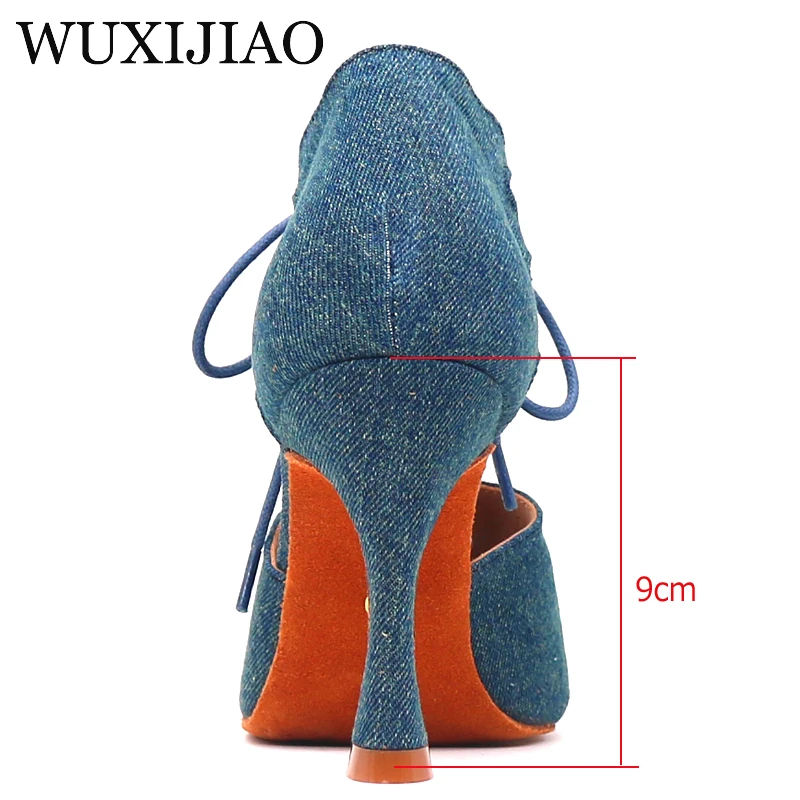 WUXIJIAO New Girl Dance Shoes Denim fabric  Lace-up shoes Latin Dance Shoes Women Samba Party Ballroom Soft Bottom Shoes 5-10cm