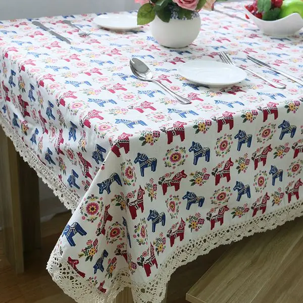 Linen Table Cloth with Lace Horse Print Country Style Rectangular Dinning Tablecloths Cover Kitchen Toalha de Mesa ZB-10