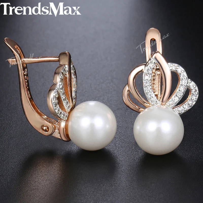 Crown Shaped Pearl Earrings For Women Girls 585 Rose Gold Color Earrings Clear Cubic Zircon CZ Jewelry Valentines Gifts KGE150