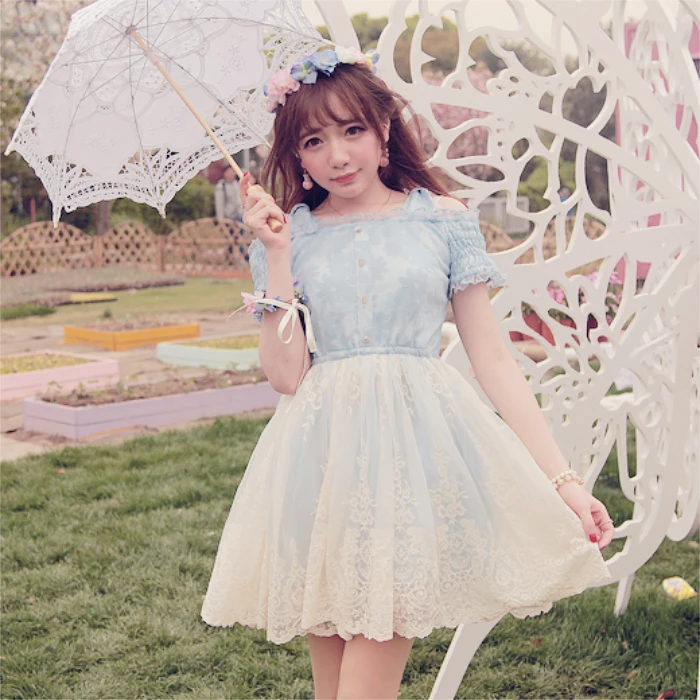 

Princess sweet lolita dress BoBON21 Exclusive design Small chrysanthemum jacquard bow lace embroidery dress D1191