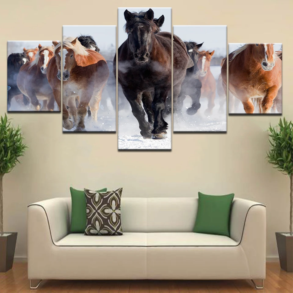 A herd of running horses classic 5 Panel HD Print wall posters Canvas Art Painting For home living room decoration