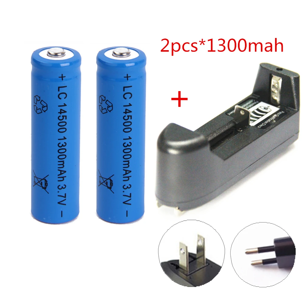 Batería recargable de iones de litio para linterna Led, Juego de 2 piezas, 14500, 3,7 V, 1300mAh, cargador de 1 pieza