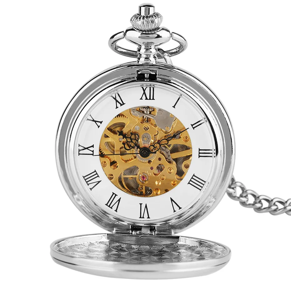 Hand-Winding Mechanical Pocket Watch Roman Numerals Display Silver Smooth Hunters Design Pendant Clock with 30 cm Hanging Chain