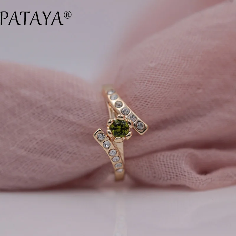 PATAYA New Special Offer White Rhinestones 585 Rose Gold Color Round Olive Green Natural Zirconia Rings Women Wedding Jewelry