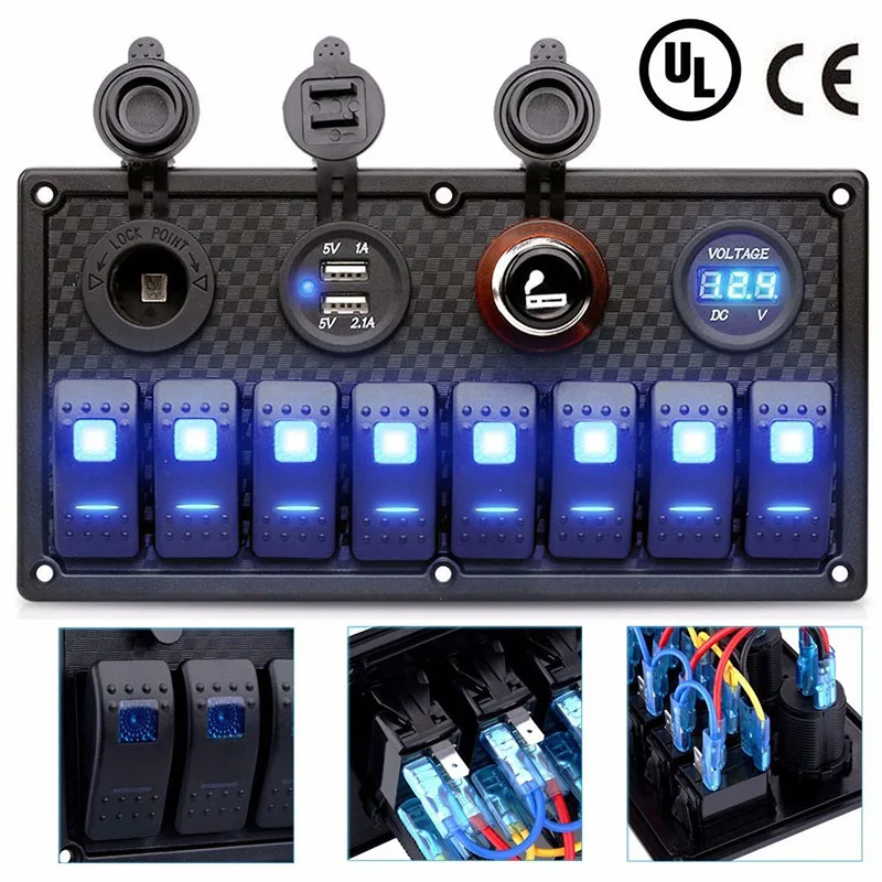 

1set 8 Gang Waterproof Car Marine Boat Rocker Switch Panel Circuit Breaker Voltmeter