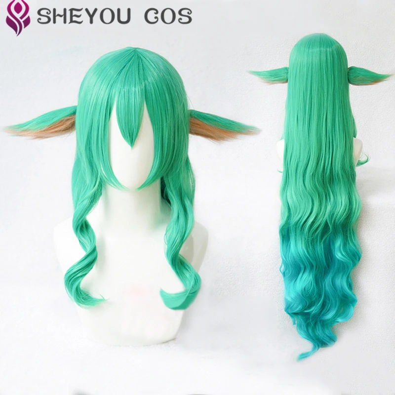 

43'' 110cm Long Green Blue Cosplay Wig LOL Cosplay Star Guardian Soraka Heat Resistant Synthetic Hair Wig + Clips Ears + Wig Cap