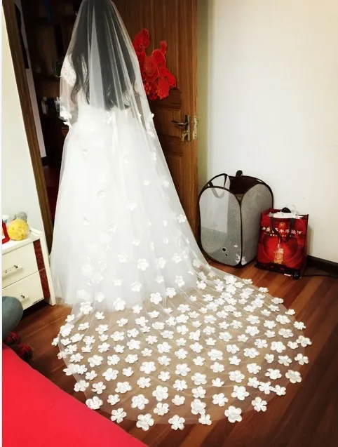 Pretty Cheap 2016 New Tulle flower Wedding Long White Ivory Bridal Veils Wedding Accessories Long 150-300cm Custom lengths