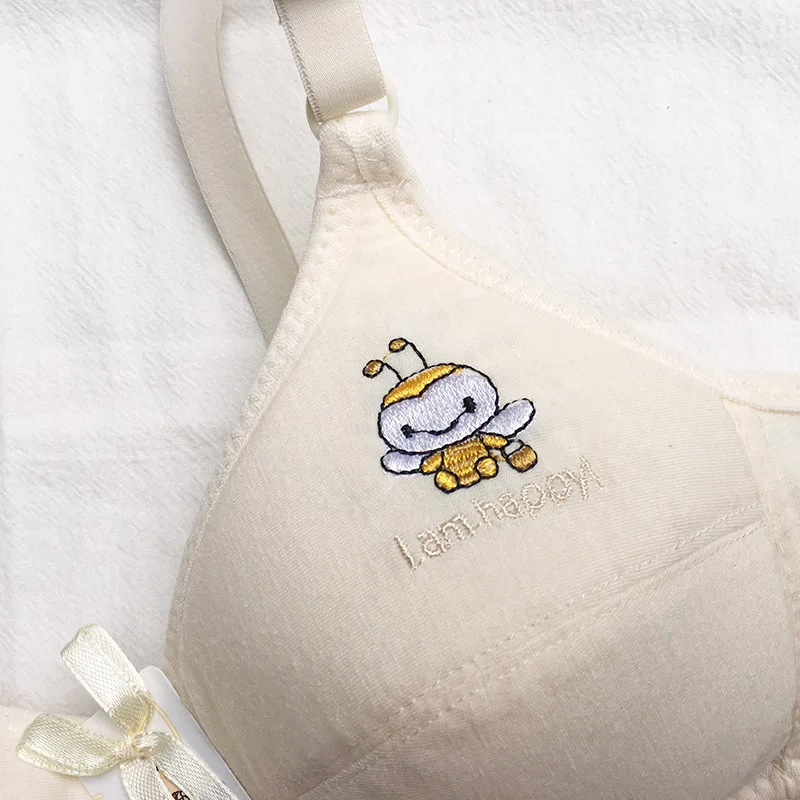 Women Bra Thin Cup Skin Small Bras Solid Cotton Bra Comfortable Wire Free Underwear Cute Embroidery Developmental Girl Bra