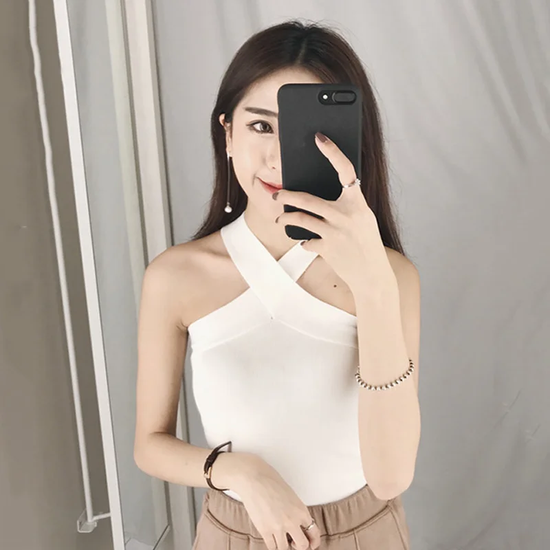 Women Top Summer Off Shoulder Sleeveless Solid Elastic Knitted Tank Top Slim Casual Sexy Vest Blouse