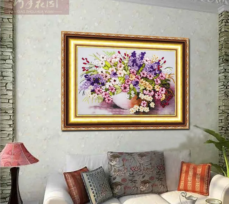 3D flower vase Ribbon embroidery kit stain flower set handcraft kit DIY handmade needlework hand sewing art wall home decor