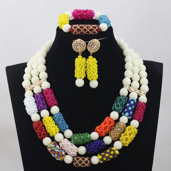 

3 Layers White Beads Jewelry Set Multicolor Crystal Beaded Bridal Jewelry Set for Bridesmaid 2017 Free Shipping ABH174