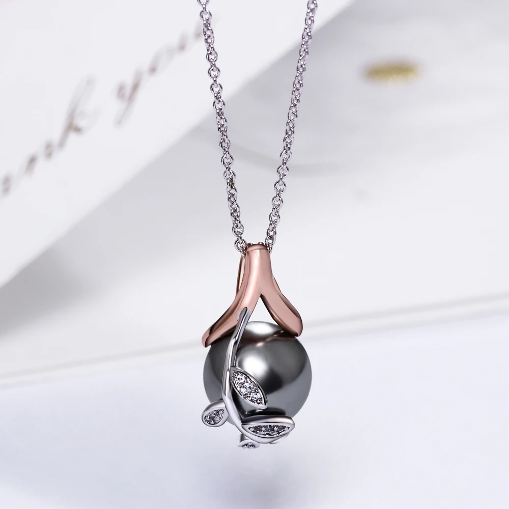 Dropshipping charms suspension White and Rose color 12mm Grey pearl & cubic zircon crystal jewelry pendant necklace for women