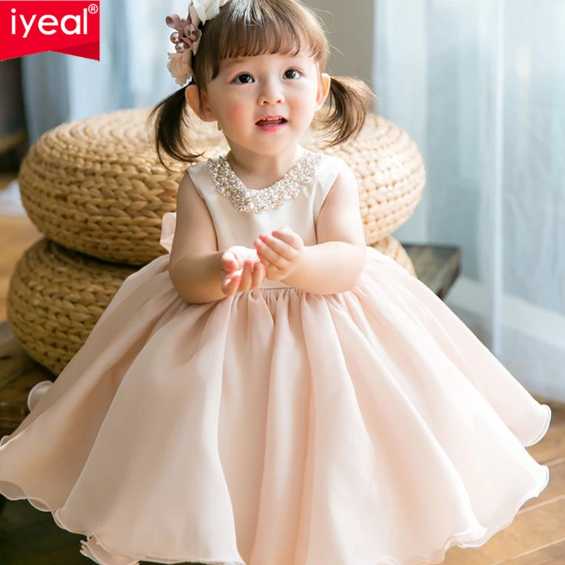 

IYEAL New Fashion Sleeveless Children Girl Dress Beading Kids Girl Christening Gown Birthday Party Dress For Baby Baptism