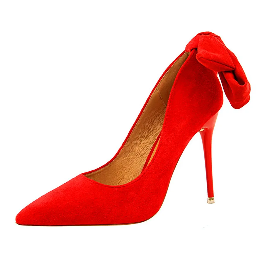 2022 New Classic Ankle Lace-Up Bowknot Woman Shoes Solid Flock Shallow High Heels Shoes Party Shoes Fashion Women Pumps 6 Colors