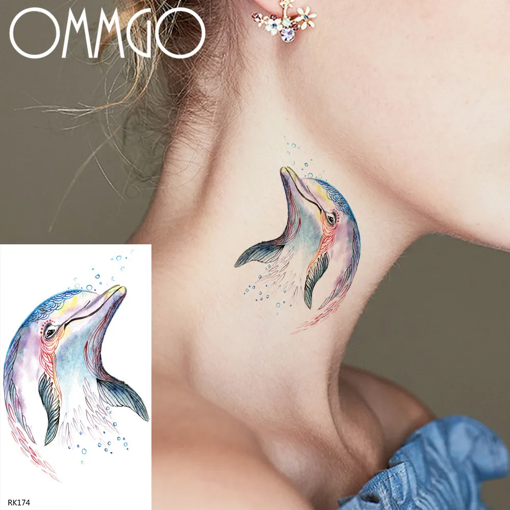 

OMMGO Watercolor Dolphin Temporary Tattoos Sticker For Women Body Art Tattoo Kids Fake Waterproof Tatoos Cartoon Neck Hands