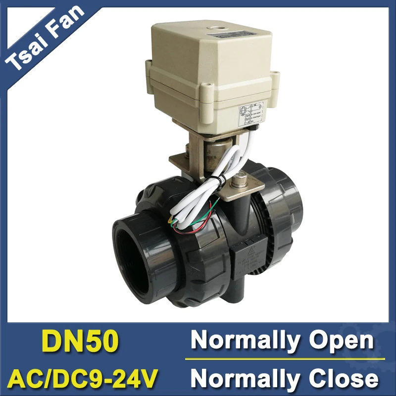 

TF50-P2-C AC/DC9V-24V 2 / 5 Wires BSP/NPT 2'' PVC 2 Way DN50 Normally Open/Close Valve 10NM On/Off 15 Sec Metal Gear CE