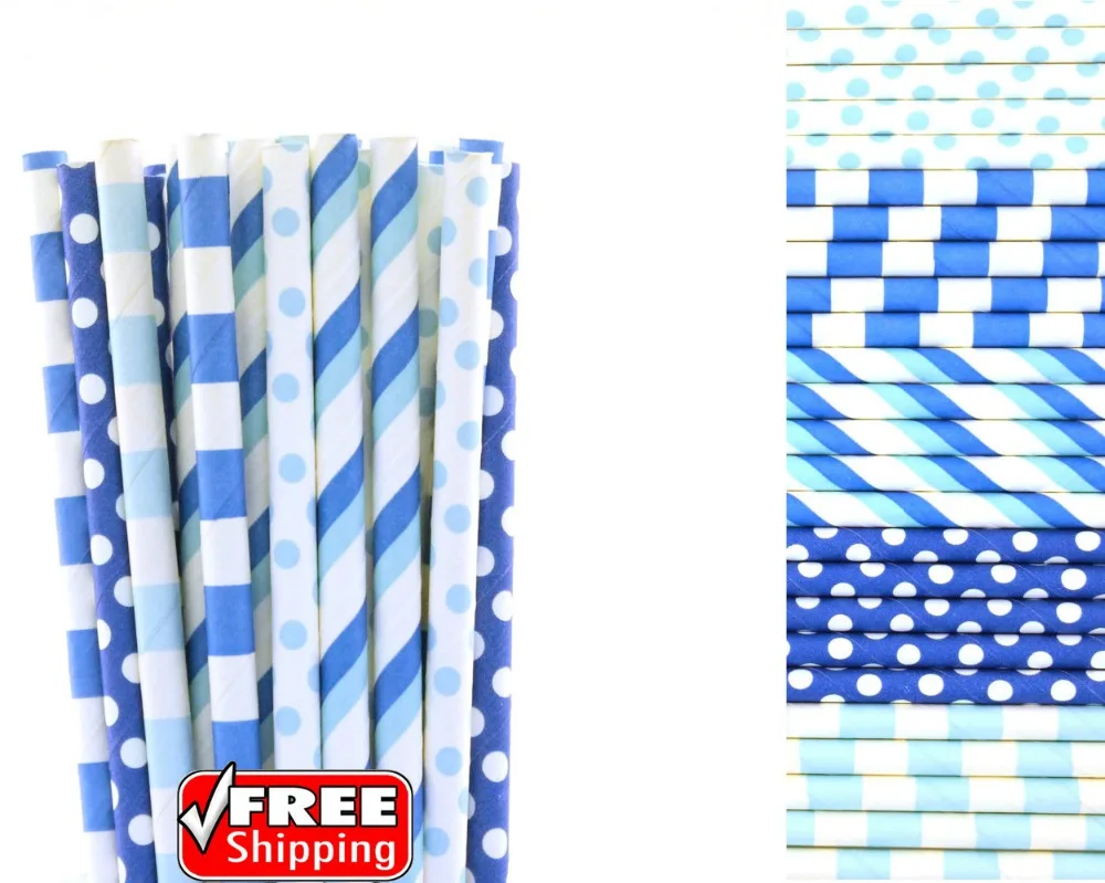 250 Pcs Mix 5 Designs Light Blue and Royal Blue Themed Paper Straws-Striped,Dot Police Party Boy Baby Shower Sleepover Birthday