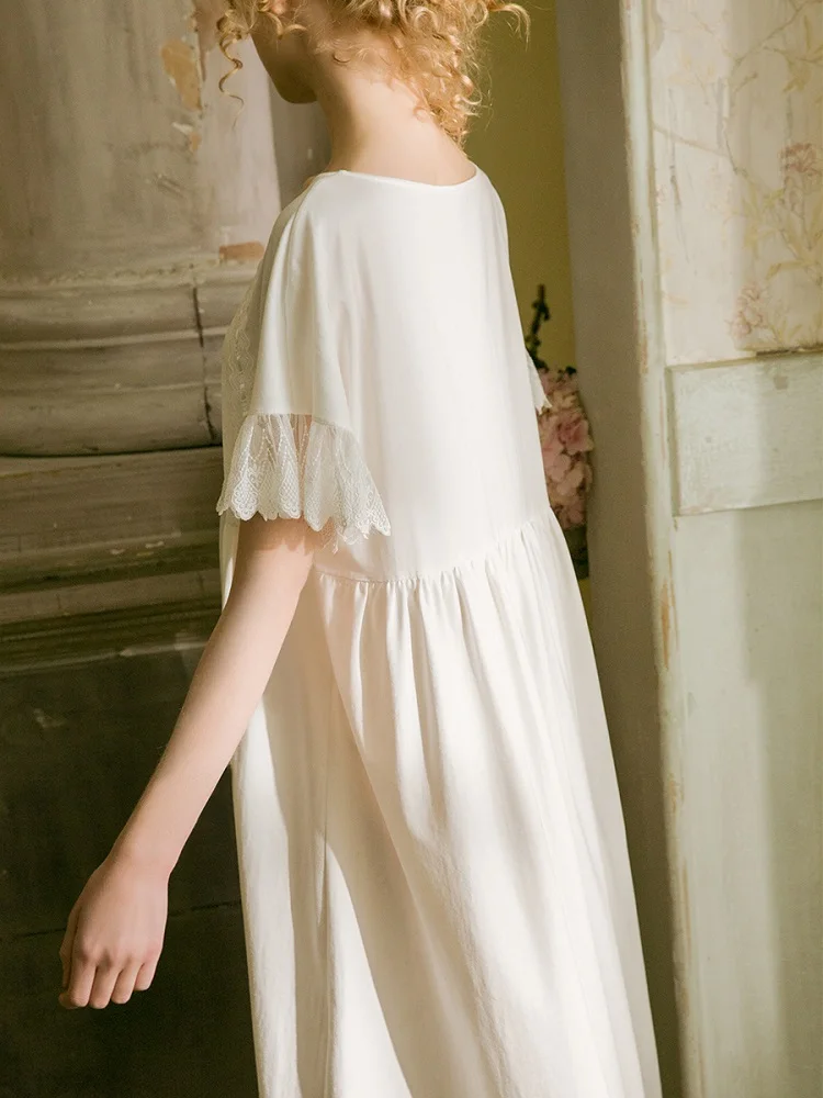 2019 Summer White Cotton Sweet Women\'s Nightgowns Soft Loose Sleepwear Elegant Vintage Princess Lace Night Dress 19523