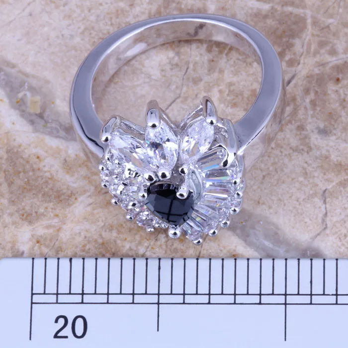 Romantic Black Cubic Zirconia White CZ Silver Plated  Women's Jewelry Ring Size 6 / 7 / 8 / 9 R0550