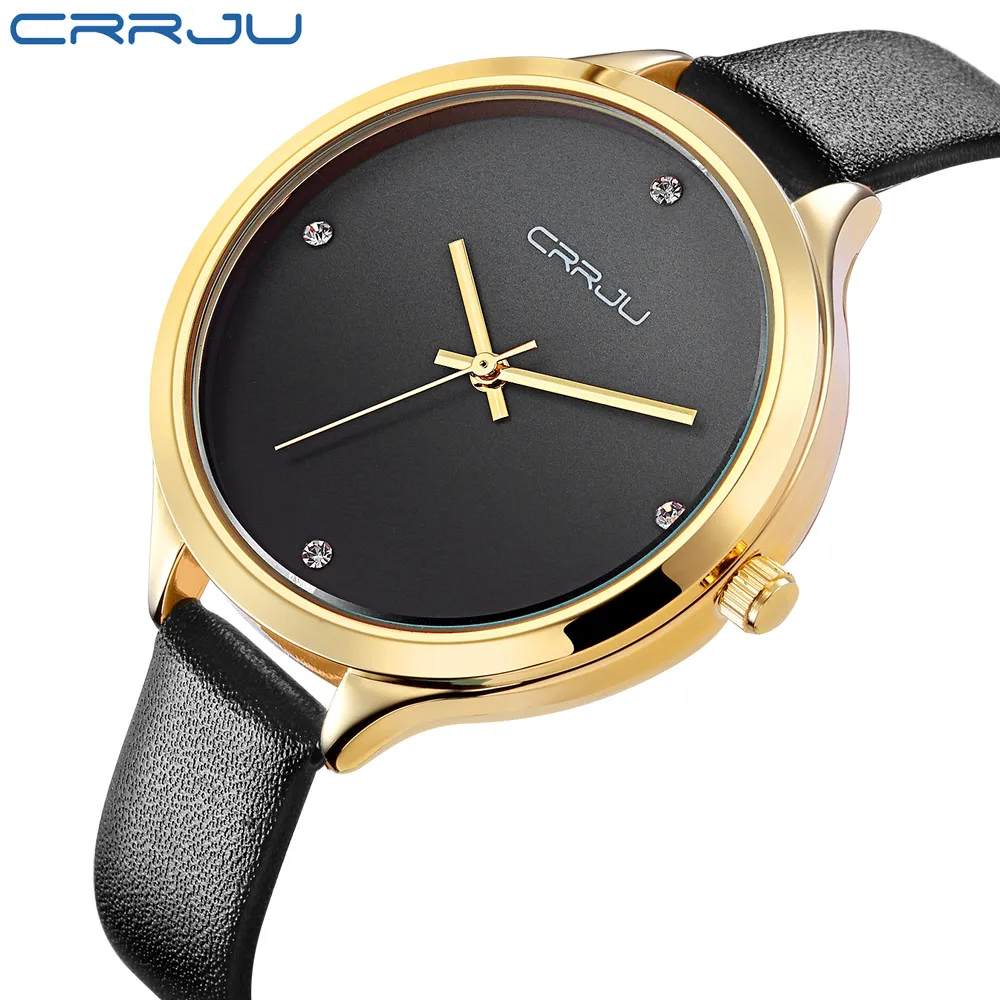 High Quality CRRJU Brand Leather Watch Women Ladies Fashion Dress Quartz Wristwatches Roman Numerals Watches Christmas gift